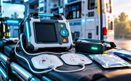 Défibrillateur automatisé externe prêt à l’emploi dans une ambulance