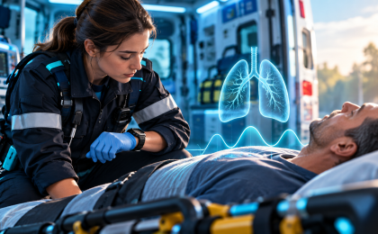 Ambulancière mesurant la fréquence respiratoire d’un patient dans une ambulance