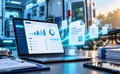 Ordinateur affichant un logiciel de facturation pour entreprise de transport sanitaire