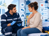 Ambulancier recueillant les observations cliniques d’une patiente : signes, paramètres et communication