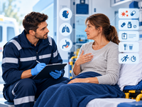 Ambulancier interrogeant une patiente avec des pictogrammes de symptômes, médicaments, allergies, repas et événements