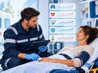Ambulancier mesurant les paramètres vitaux d’une patiente avec des graphiques de suivi respiratoire, circulatoire et thermique