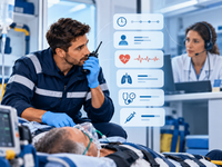 Ambulancier transmettant un bilan de patient par radio vers une professionnelle de santé