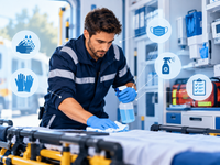 Ambulancier nettoyant et vérifiant une ambulance avec des pictogrammes d’hygiène et de protection