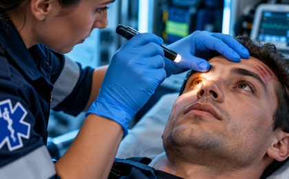 Ambulancière examinant la réactivité des pupilles d’un patient avec une lampe lors d’un bilan neurologique