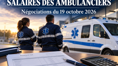 Illustration des négociations salariales du 19 octobre 2026 : deux ambulanciers devant une ambulance, avec un bulletin de paie et une calculatrice.