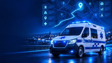 Illustration des jeux ambulanciers Actuambu : ambulance française, carte de dispatch et interface de simulation en ligne